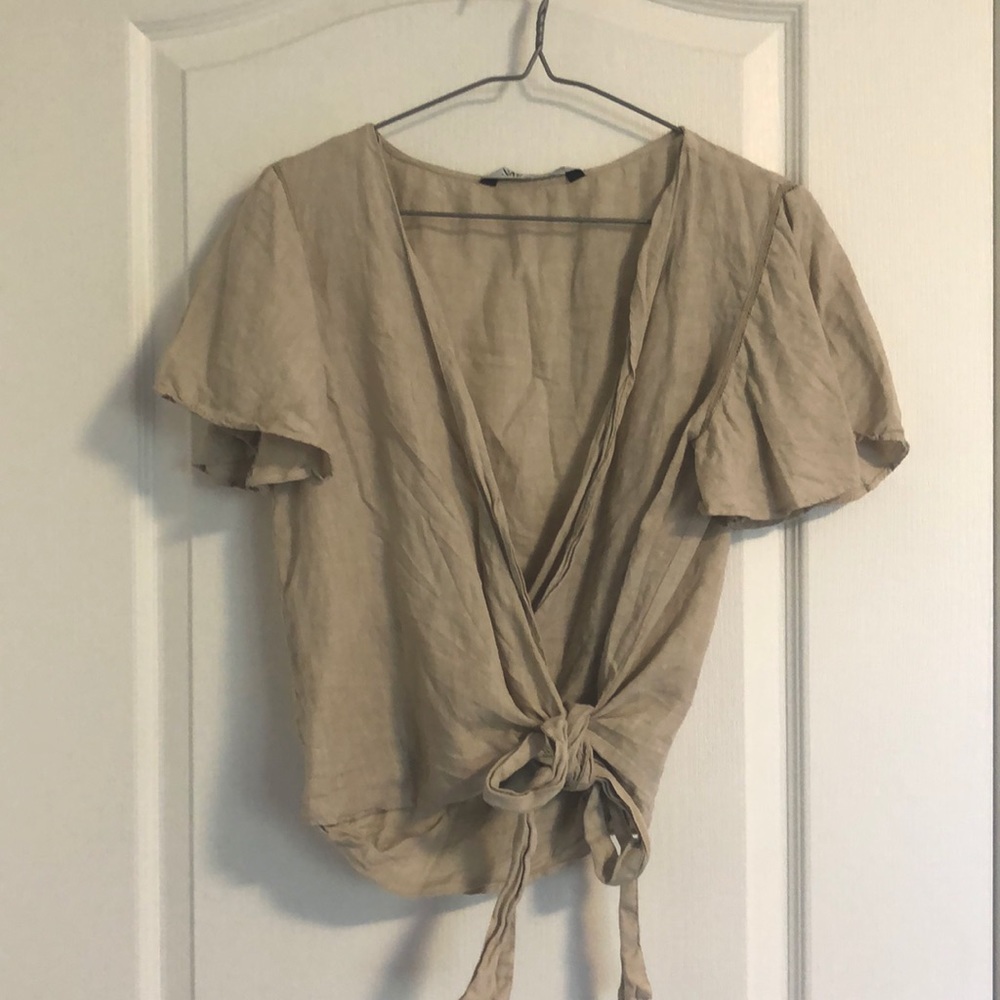 ZARA Linen Tie Front Short Sleeve Blouse